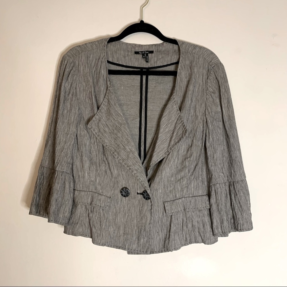Nic + Zoe Linen Blend Ruffle Double Breasted Blazer